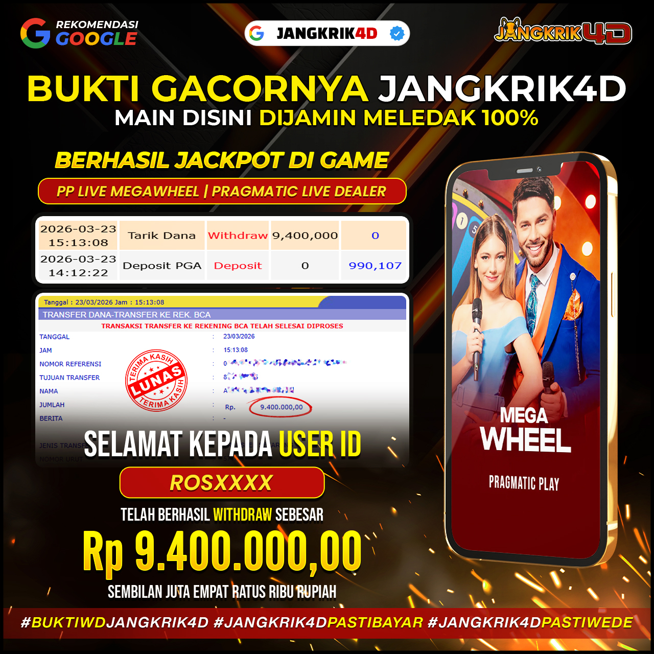 Auto senyum lebar!  Selamat buat member Jangkrik4D ID Username : ROSXXXX yang berhasil withdraw jackpot Rp. 9.400.000 dengan mulus pada 23 Maret 2026!