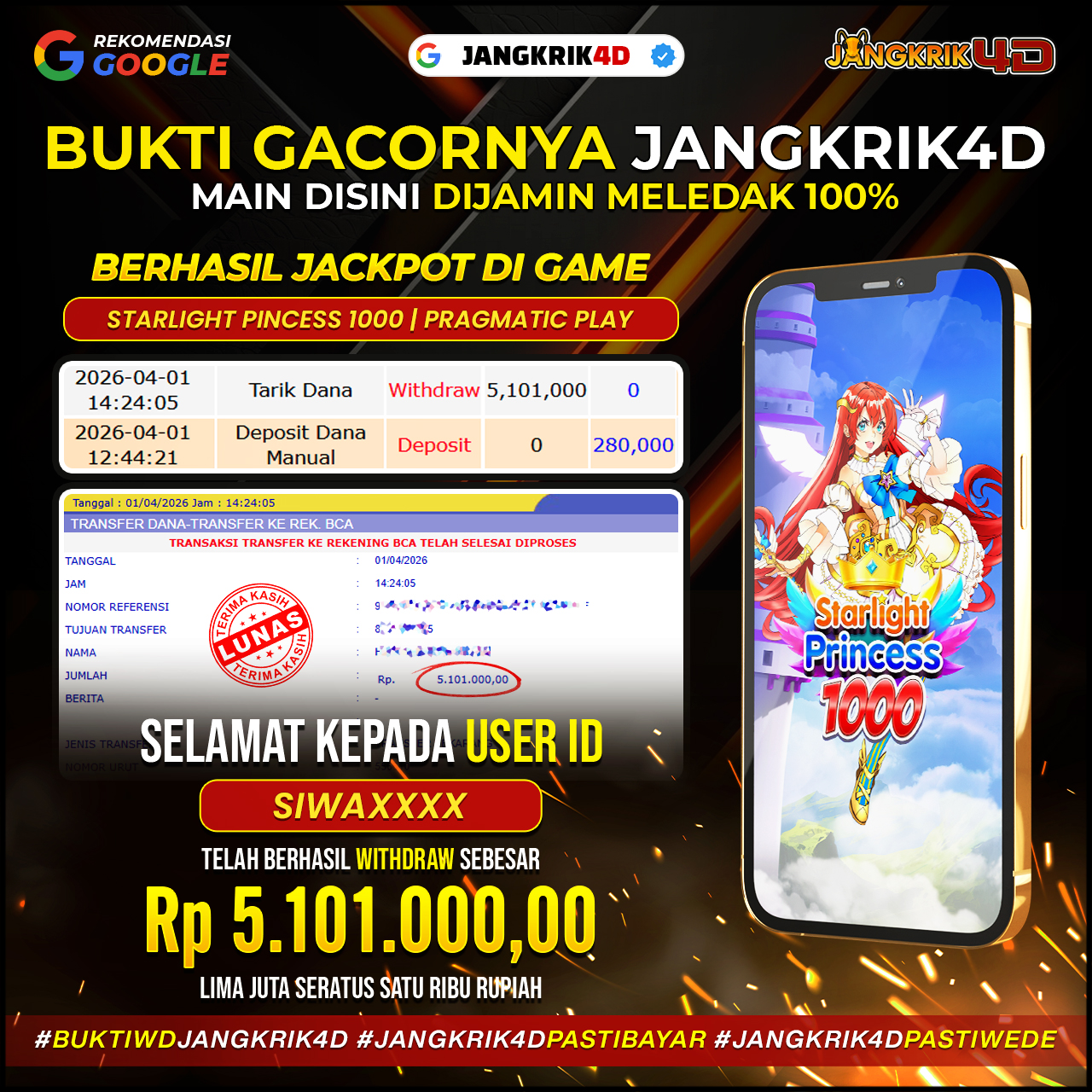Congrats buat member Jangkrik4D dengan ID Username : SIWAXXX yang berhasil WD jackpot Rp.5.101.000 di tanggal 01 April 2026!